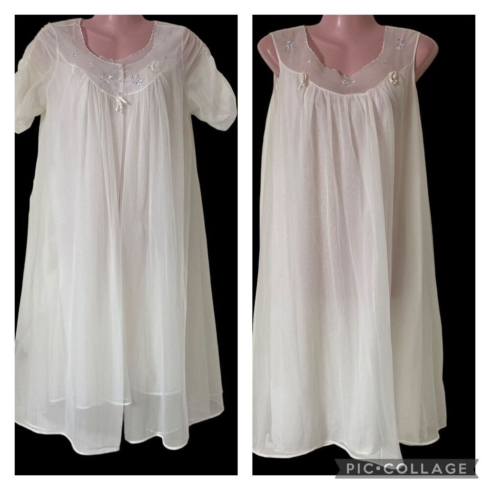 Vintage-Inspired Women's Ivory Nightgown with Sheer Yoke